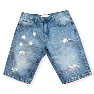 Acknowledge Men's Blue Distressed Denim Bermuda Shorts Size 34 NWOT